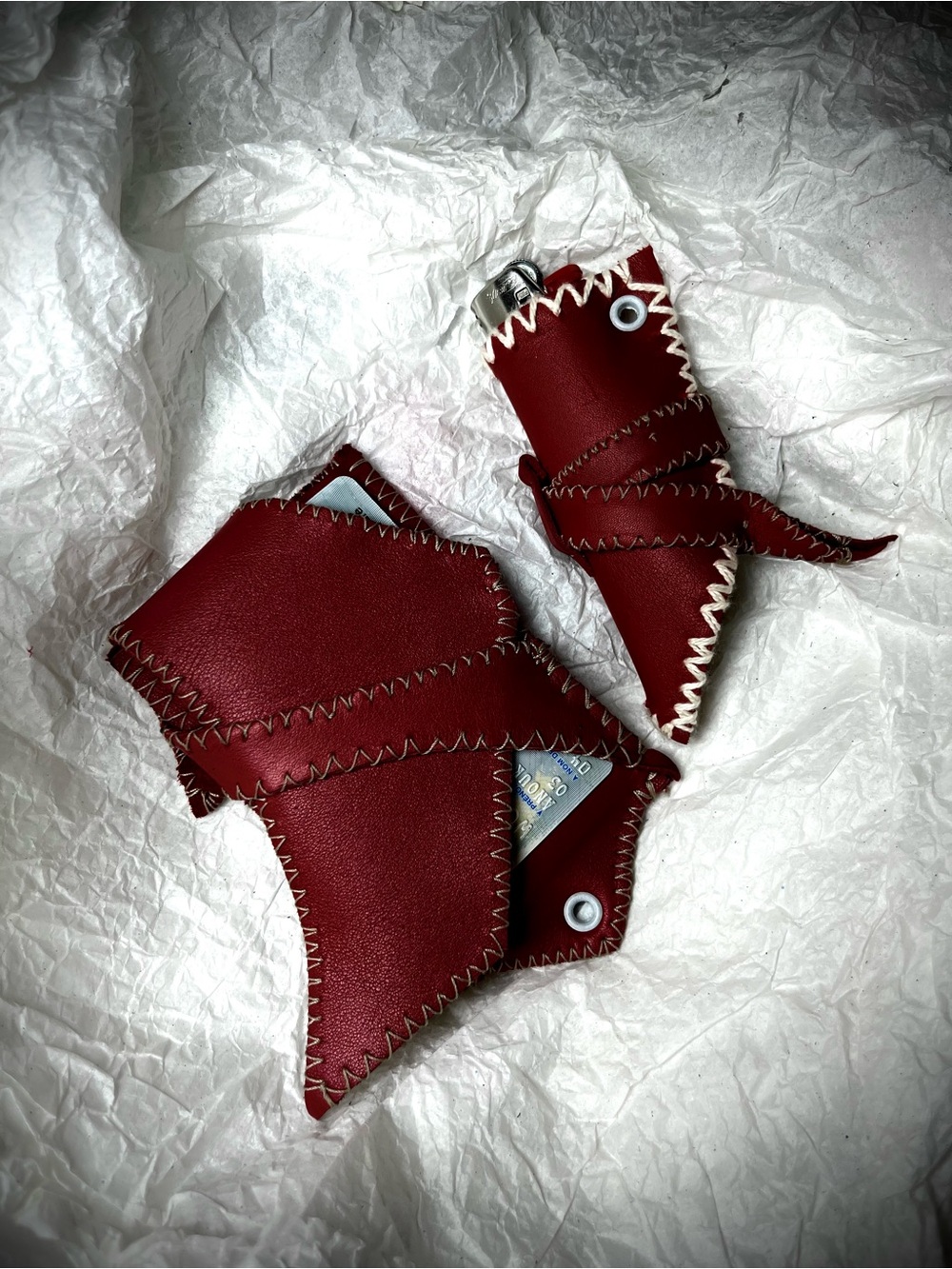 Handmade Red Leather Lighter & Card Sleeve Set
